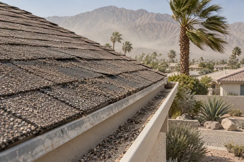 Illustrative close view of a worn composition shingle edge and a gutter holding sand and loose granules, a palm bending in the wind beyond