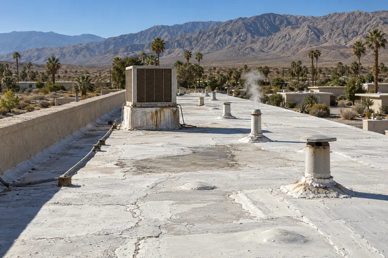 Illustrative view along an old white-coated flat roof with blisters and a ponding stain, an evaporative cooler and a vent releasing a wisp of steam