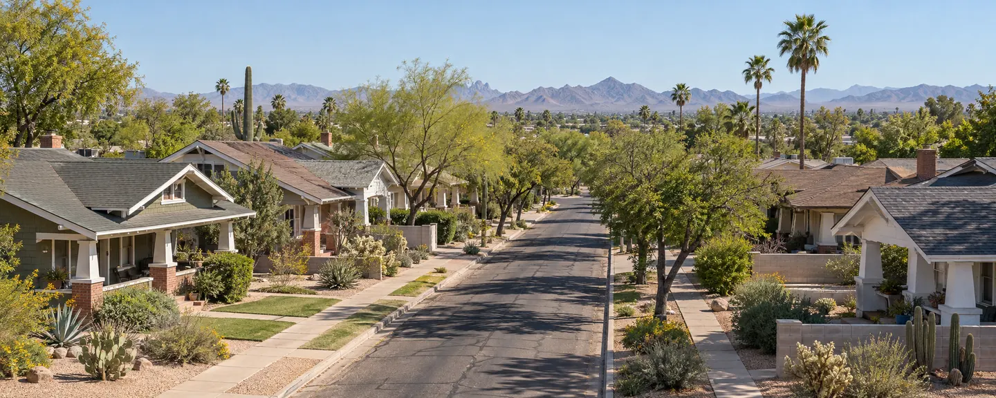 Illustrative view down a street of 1910s and 1920s bungalows with shingle roofs, deep eaves and porches under mature trees, low mountains on the horizon
