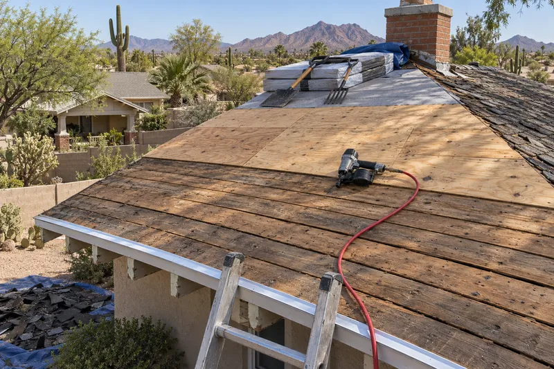 Illustrative bungalow roof during a shingle re-roof, old board sheathing exposed below new plywood, a nailer and air hose, shingle bundles at the ridge by the chimney