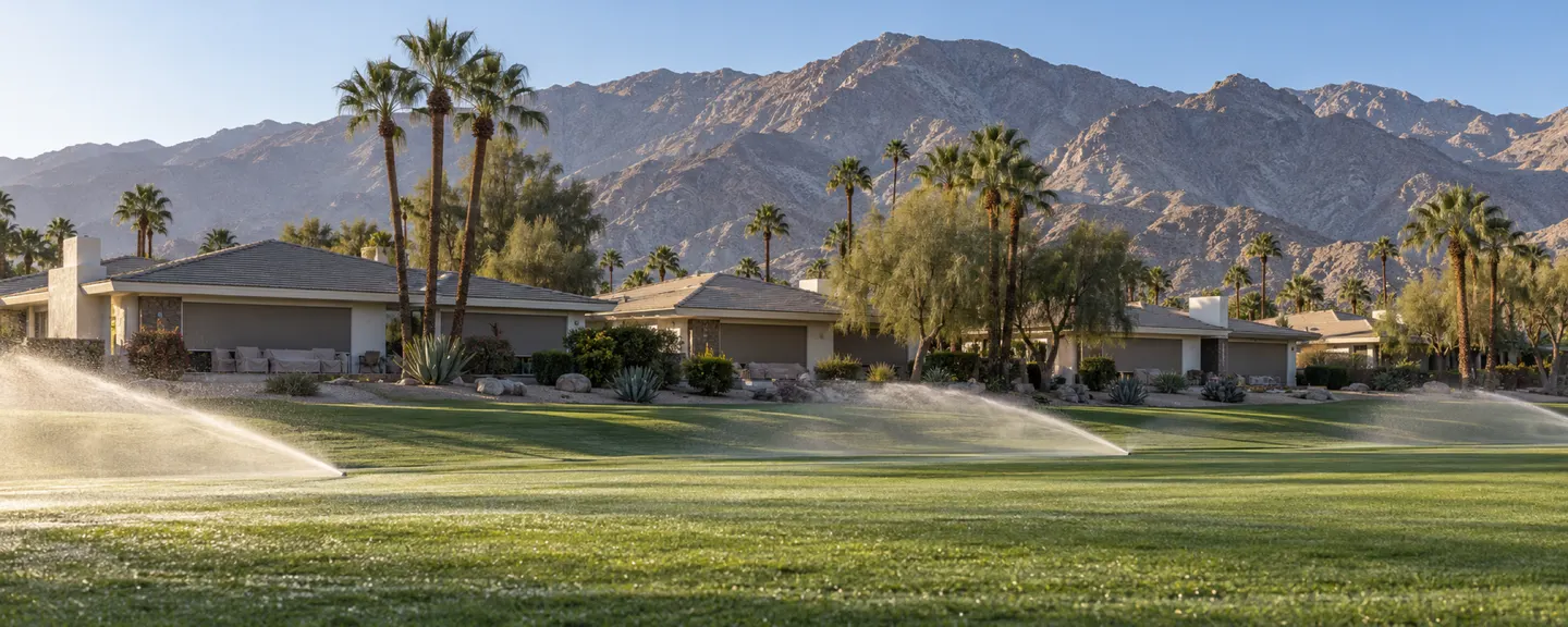 Illustrative view across a fairway with sprinklers running toward low tile-roofed homes with their sun shades lowered, the Santa Rosa Mountains behind