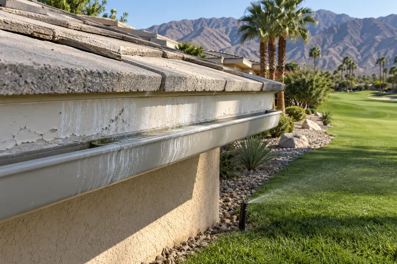 Illustrative close view of a tile roof eave, fascia and gutter streaked with white mineral deposits, a sprinkler spraying on the fairway beside it