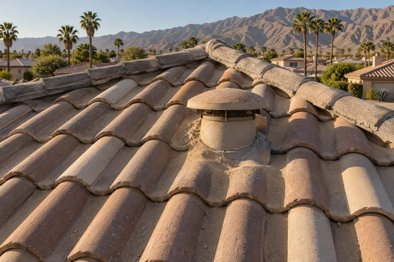 Illustrative close view up a weathered concrete S-tile roof, wind-blown sand in the pans and around a roof vent, palms and mountains beyond