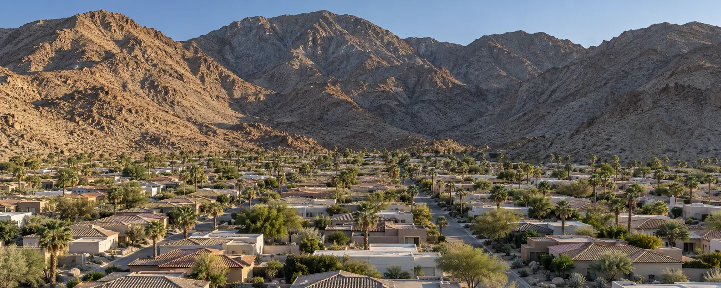 Illustrative view over the Cove, a tight grid of small homes pressed against the bare rock of the Santa Rosa Mountains
