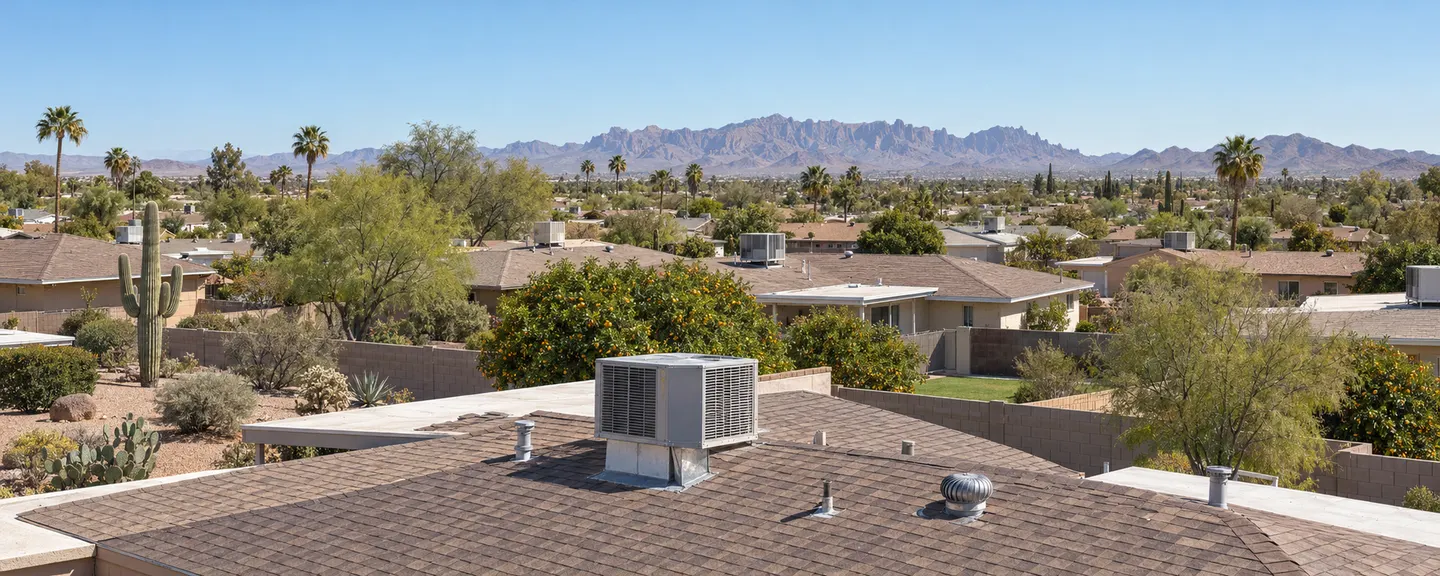 Illustrative view over ranch houses with shingle roofs and rooftop evaporative coolers, orange trees and a saguaro, the Superstition Mountains on the horizon