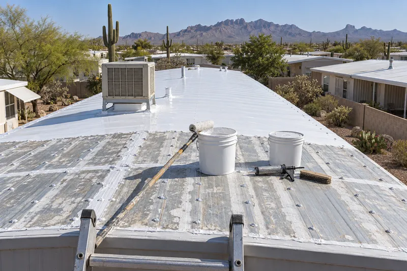 Illustrative metal roof-over on a manufactured home partway through a recoat, sealed screw heads and taped seams beside fresh white coating, buckets, a roller and a caulking gun