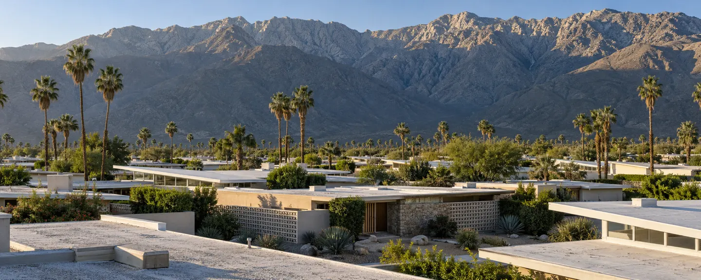 Illustrative view across flat-roofed mid-century modern homes with breeze-block walls and tall fan palms, the steep face of Mount San Jacinto behind