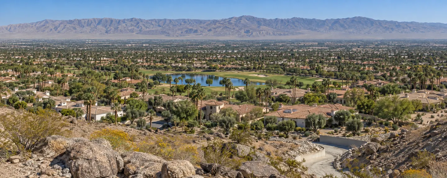 Illustrative view from a rocky foothill over country-club homes with terracotta tile roofs, a fairway and lake, and the valley floor running to distant mountains