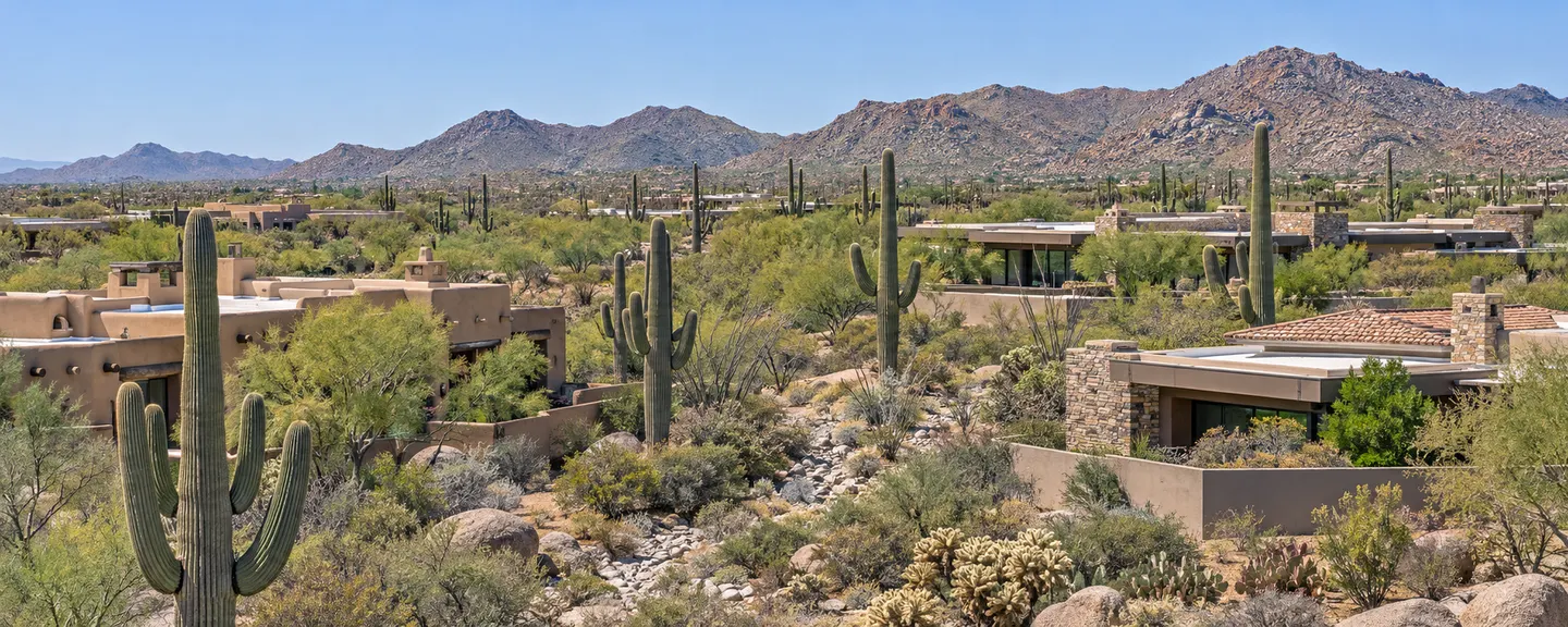 Illustrative view over Santa Fe-style and desert-contemporary homes with flat roofs, tall saguaros and boulders between them, the McDowell Mountains behind