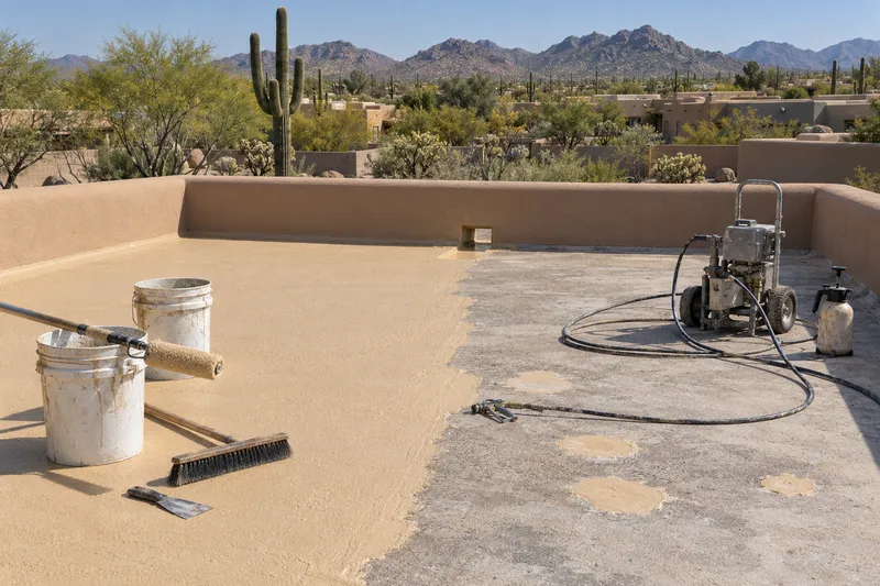 Illustrative flat foam roof behind a rounded stucco parapet partway through a recoat, fresh sand-coloured coating running to a canale, foam patches, buckets and an airless sprayer