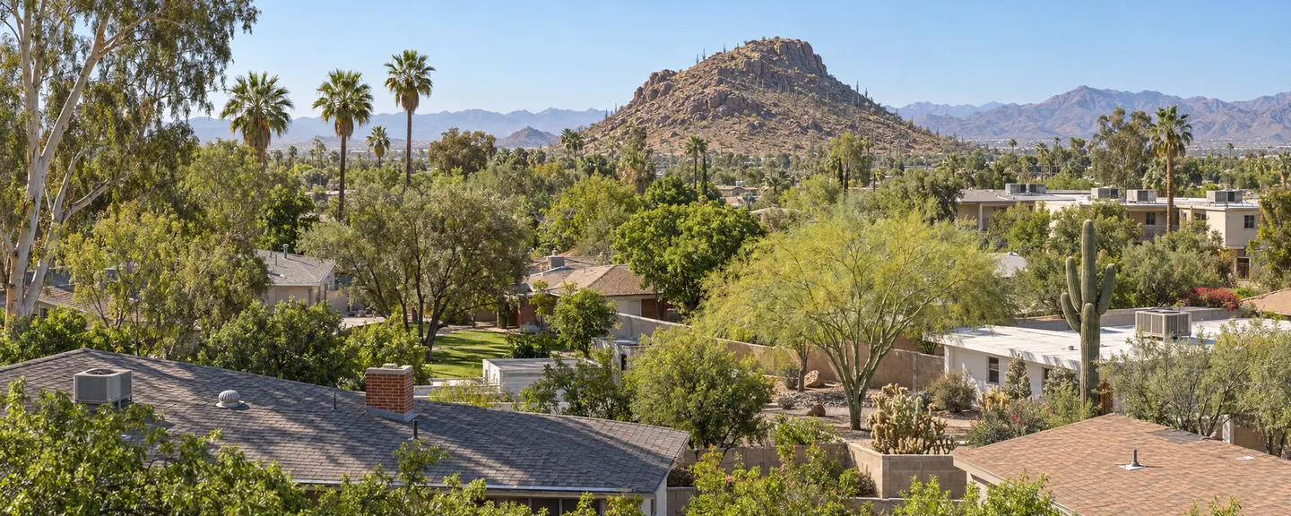 Illustrative view over shingle and flat roofs among lawns, eucalyptus and fan palms, an apartment building with rooftop units, a bare rocky butte beyond
