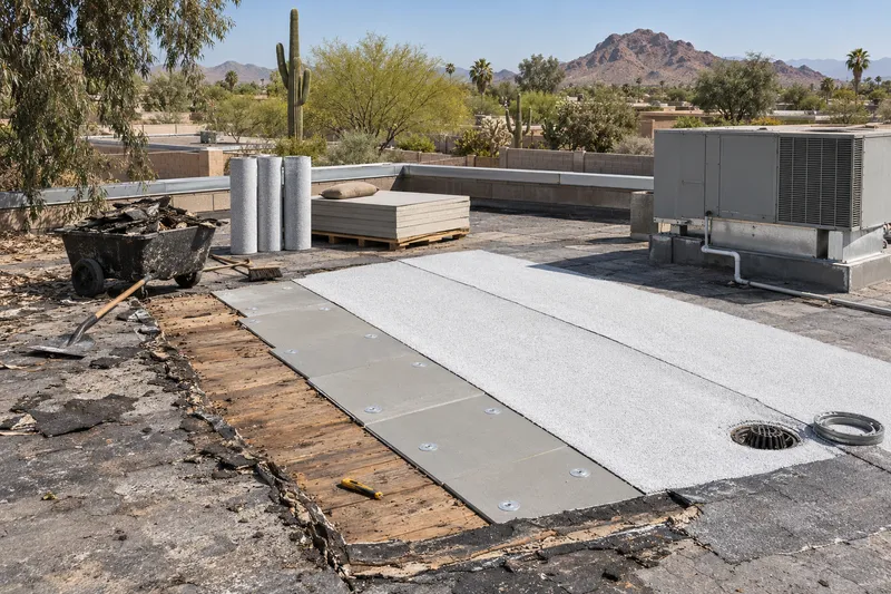 Illustrative apartment flat roof partway through a tear-off, the old built-up layers cut back to the plank deck, new insulation and white cap sheet, a debris cart and rolls