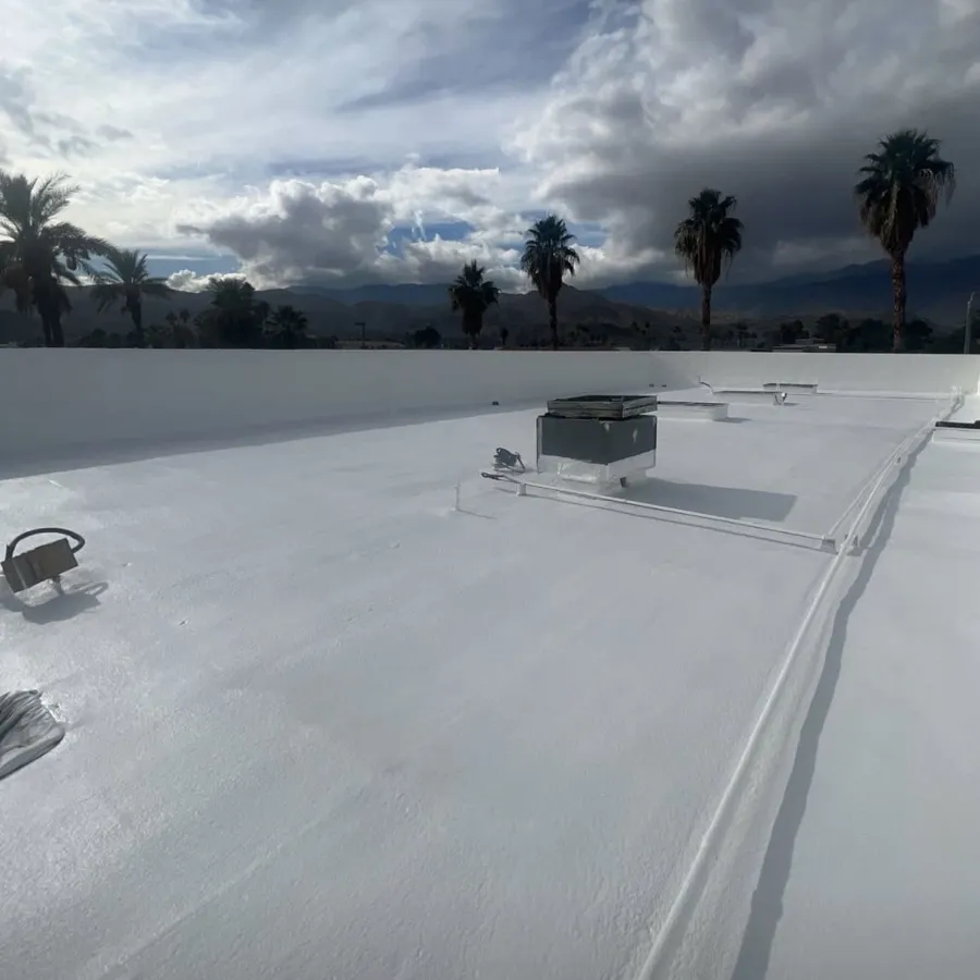 A freshly coated white spray foam roof under gathering cloud, palms on the skyline